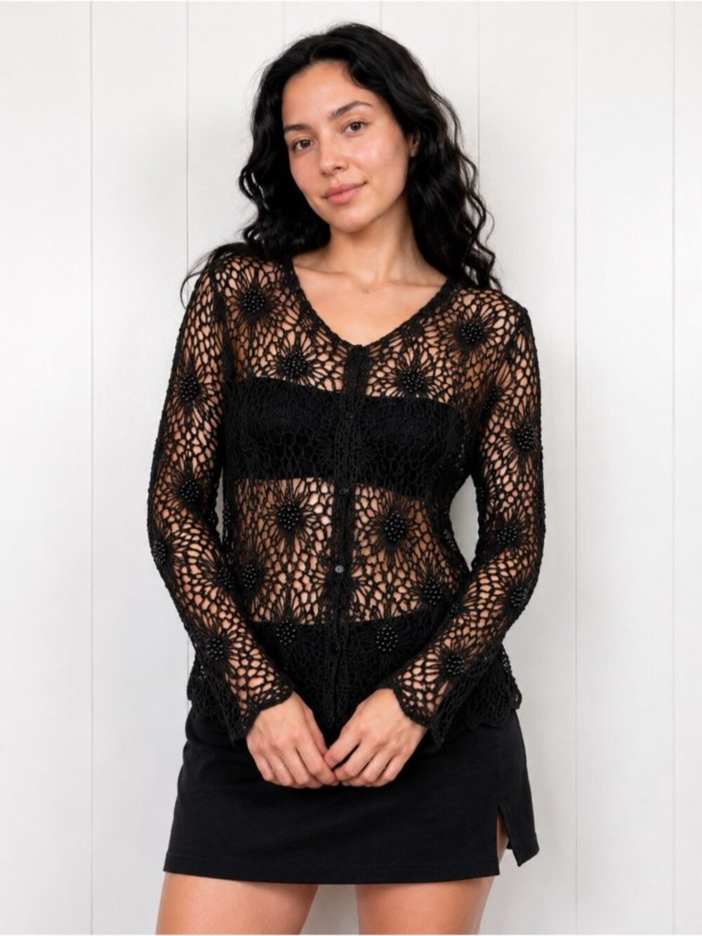 Vintage Y2K Whimsigoth Beaded Crochet Mesh Cardigan Sheer Cover Up Small boho